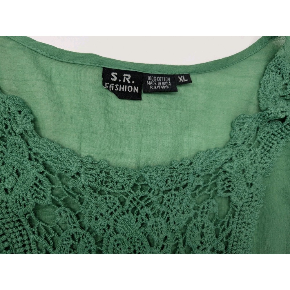 Boho Green Sheer Embroidered Crochet Tunic Top Size XL Cotton Lightweight - Picture 3 of 7